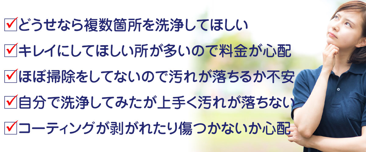 どうせなら複数箇所を洗浄してほしい。キレイにしてほしい所が多いので料金が心配。ほぼ掃除をしてないので汚れが落ちるか不安。自分で洗浄してみたが上手く汚れが落ちない。コーティングが剥がれたり傷つかないか心配